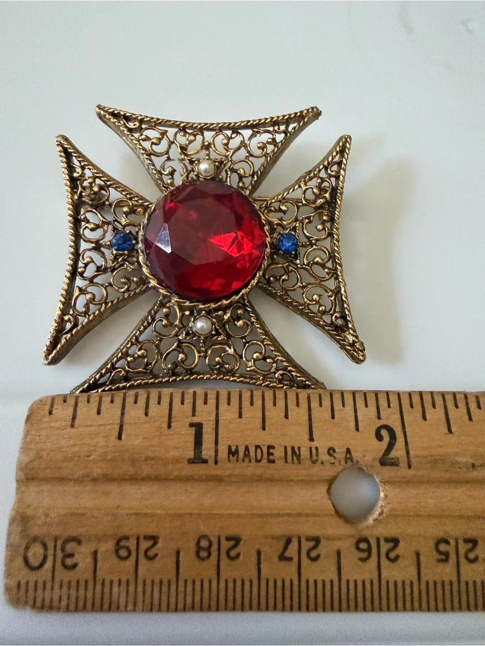 Gold-Tone Filigree Cross Brooch with Red Glass Center. 1 3/4” Large
